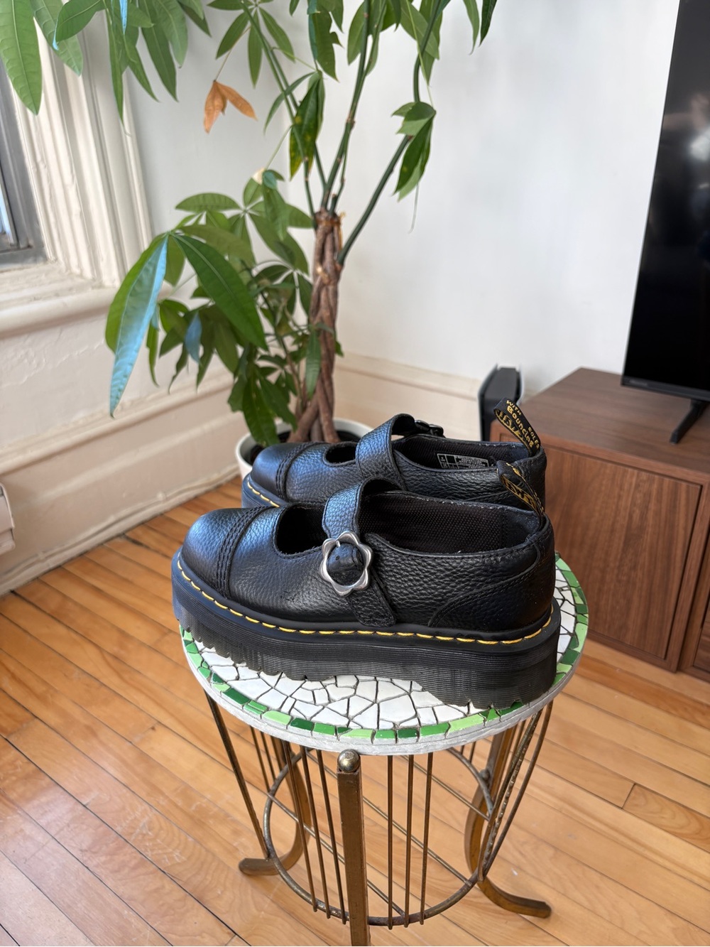 DR. MARTENS Black Platform Mary Jane Shoes with Yellow Stitching
